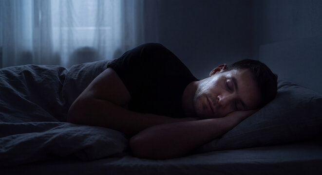 Young man resting and sleeping peacefully in a comfortable bed covered with blankets in a dark bedroom during nighttime rest and recovery