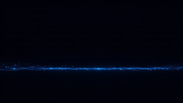 A series of bright blue curving lines extends across a dark background
