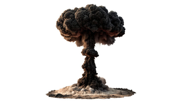 Dark powerful nuclear explosion mushroom cloud blast isolated on transparent background