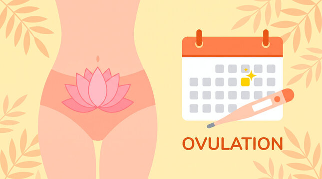 Ovulation cycle tracking illustration with a calendar and a basal body temperature thermometer