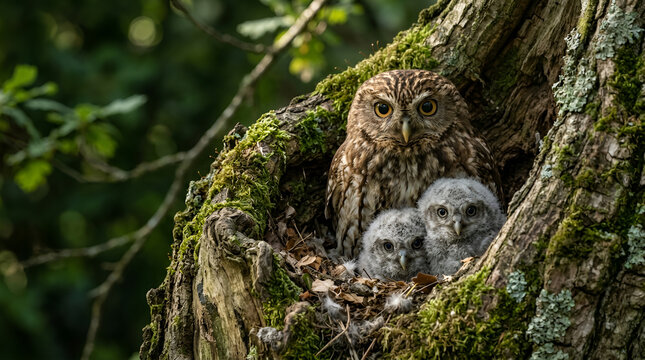Adult brown owl golden brown big eyes protecting two soft fluffy gray owlets inside green mossy tree hollow, dry leaves nest, bright green forest bokeh background