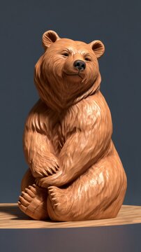 Wood carving bear figurine sitting on a wooden surface