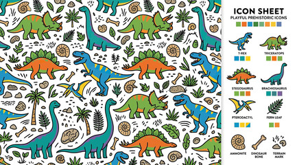 Playful Dinosaur Icons and Seamless Pattern on White © nadinsahira