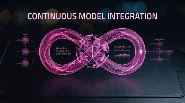 Visualizing an endless loop of advanced data model integration and system optimization, ensuring seamless, high-performance, and continuous delivery with zero downtime