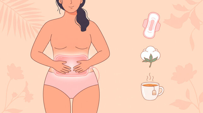 Woman using a heating pad for menstrual cramp relief with icons of cotton and herbal tea cup