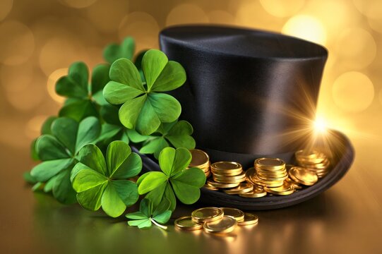 Leprechaun hat, gold coins and shamrocks for st. Patrick's day