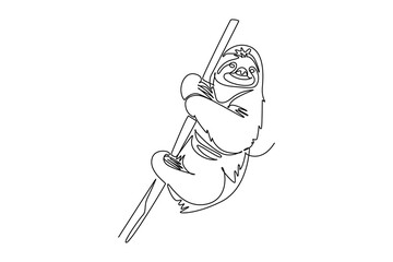 Obraz premium Continuous one line drawing happy sloth hanging lazily from a tree branch. Claws, smiling face, and relaxed posture in tropical rainforest wildlife. Single line draw design vector graphic illustration