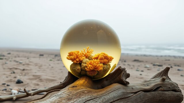Glass sphere rests upon driftwood. Orange coral visible inside, beach background blurred. Moody coastal scene, soft lighting present.