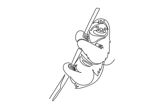 Continuous one line drawing happy sloth hanging lazily from a tree branch. Claws, smiling face, and relaxed posture in tropical rainforest wildlife. Single line draw design vector graphic illustration