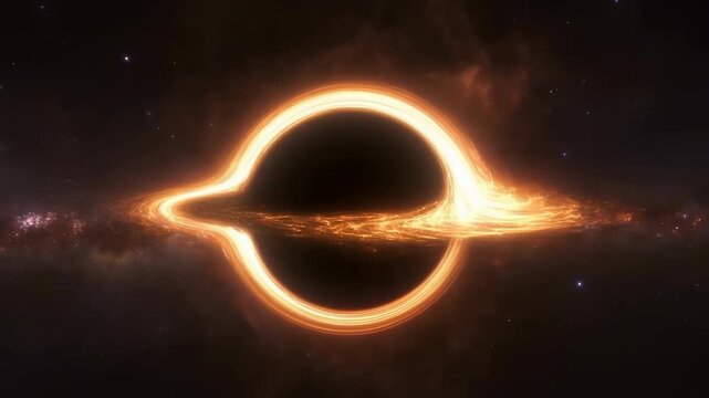 Glowing black hole shimmers as bright orange accretion disk sweeps around dark central void, with warped rings of light, drifting cosmic haze, and scattered stars across deep cosmos
