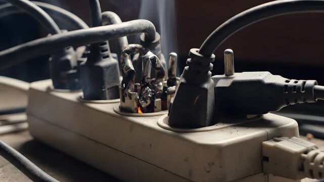 Smoke and fire coming from overloaded electrical power strip
