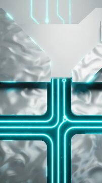 Futuristic Circuit Board With Glowing Cyan Lines and Metallic Silver Texture in Vertical Motion