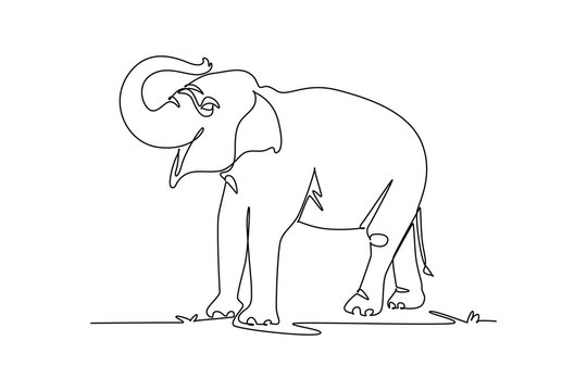 Single continuous line drawing elephant animal lifting its trunk upright, endangered species conservation, jungle biodiversity, savanna nature beauty. One line draw graphic design vector illustration