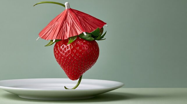 Funny strawberry wearing a tiny paper umbrella like a hat, humorous food photo with copy space