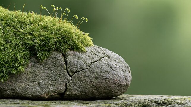 Green moss growing on a cracked stone with tiny water droplets, sensory nature photo with copy space