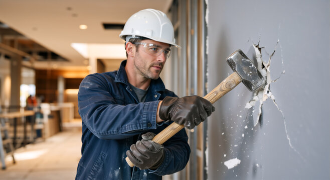 Construction worker breaking wall with sledgehammer. Demolition man doing home interior renovation