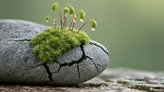 Green moss growing on a cracked stone with tiny water droplets, sensory nature photo with copy space