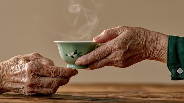 Elderly woman's wrinkled hands holding a warm cup of tea, authentic lifestyle photo with copy space