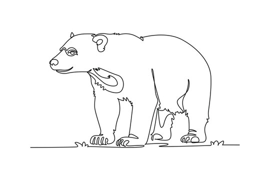 Single one line drawing wild sun bear standing on all fours. Stocky body, expressive face, and claws, representing tropical rainforest wildlife. Continuous line draw design graphic vector illustration