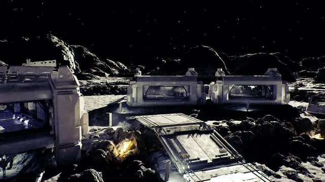 lunar module construction site with heavy crane and scaffold, robotic fabricators assembling hull sections, welding sparks, material caches, scene highlights