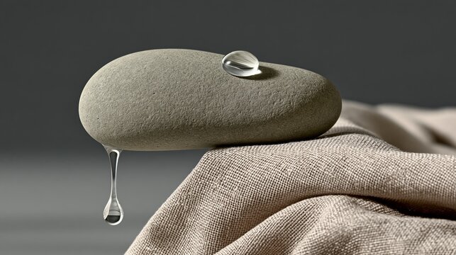 Smooth river stone with a single water drop beading on linen cloth, sensory object photo with copy space