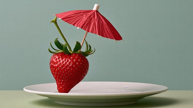 Funny strawberry wearing a tiny paper umbrella like a hat, humorous food photo with copy space