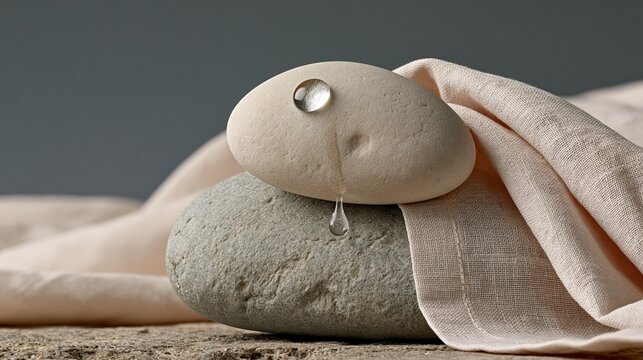 Smooth river stone with a single water drop beading on linen cloth, sensory object photo with copy space