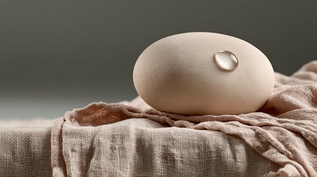 Smooth river stone with a single water drop beading on linen cloth, sensory object photo with copy space