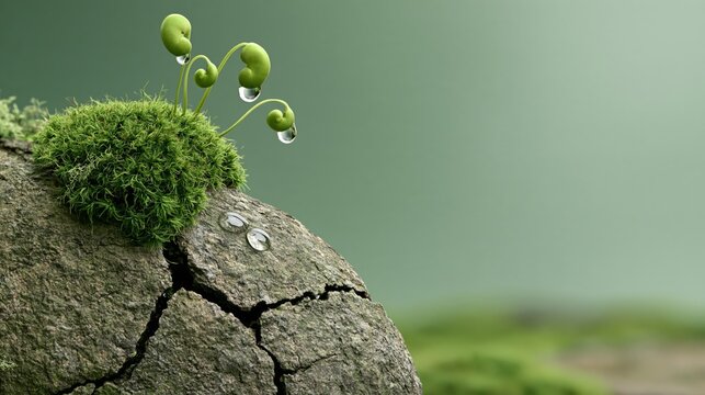 Green moss growing on a cracked stone with tiny water droplets, sensory nature photo with copy space
