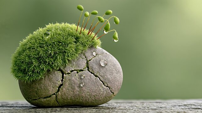 Green moss growing on a cracked stone with tiny water droplets, sensory nature photo with copy space