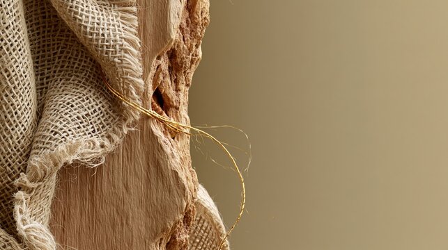 Rough burlap fabric with golden thread woven through it on wooden board, sensory texture photo with copy space