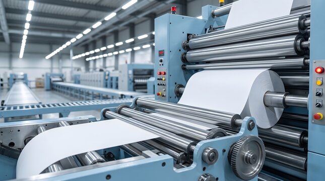 Continuous paper roll feeding through industrial printing machine.