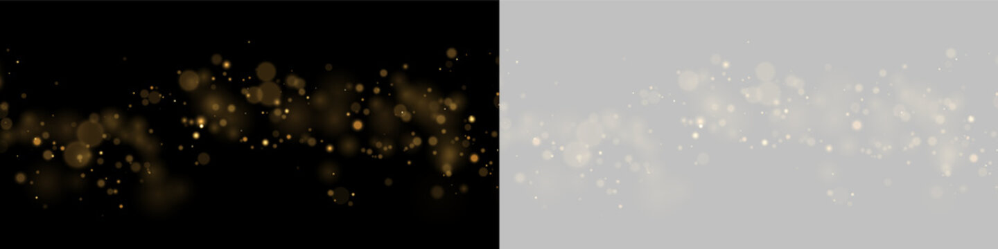 Stream of soft golden bokeh lights scattered horizontally on dark background creating a warm luminous effect on transparent background