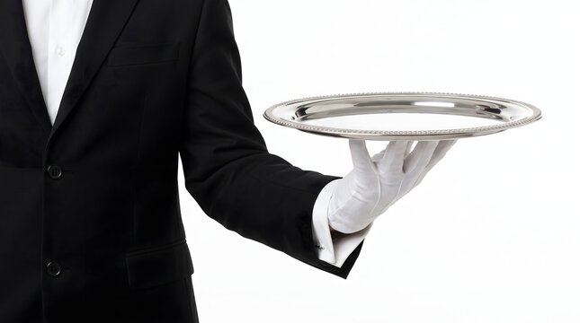 Elegant waiter in black suit serving empty silver platter for fine dining.