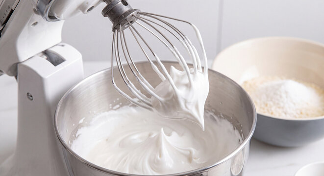 Fluffy white whipped egg whites meringue inside a stainless steel stand mixer bowl prepared on a marble kitchen countertop for baking.