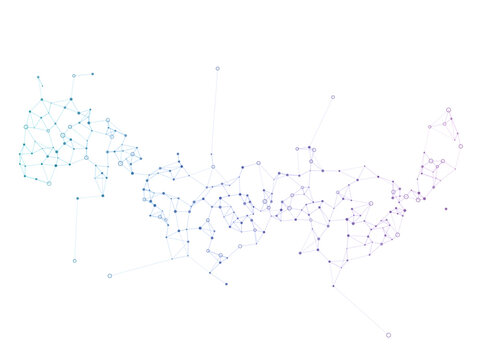 Complex digital network map graphic illustration with connected glowing nodes