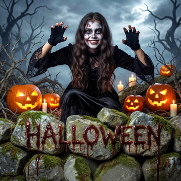 Spooky Halloween Scene: A Creepy Woman in Costume, with Skull Makeup, Reaching Out Among Jack-o'-Lanterns
