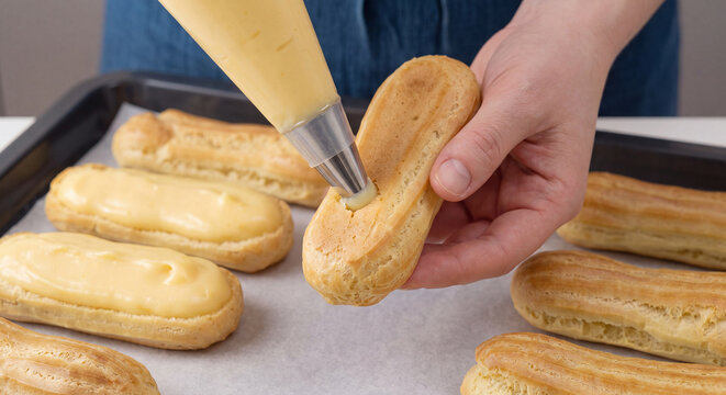 Pastry chef hands inserting a fine metal piping tip to fill a golden baked eclair shell with rich vanilla custard cream.
