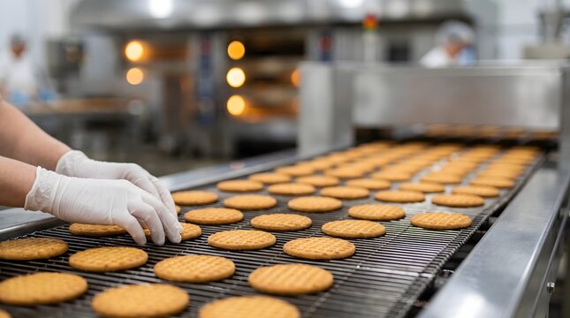 Industrial cookie assembly line with golden brown biscuits for snack food.
