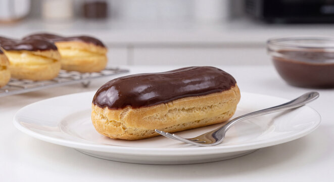 Classic French chocolate eclairs topped with glossy dark glaze served on a white ceramic plate alongside a small dessert fork.