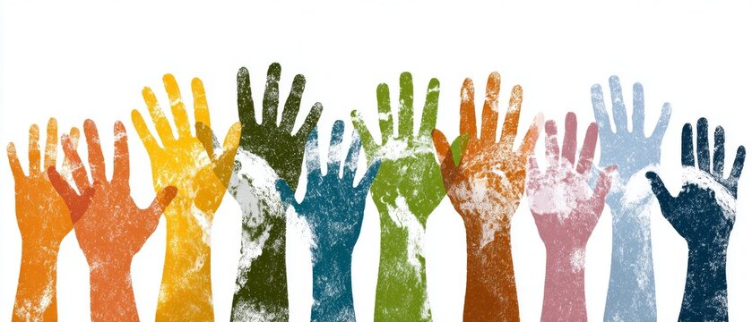 A row of colorful handprints raised upwards against a white background, symbolizing unity and diversity.