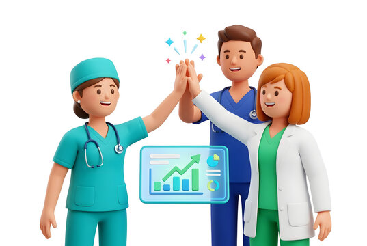 Three 3d medical professionals giving high five to celebrate success