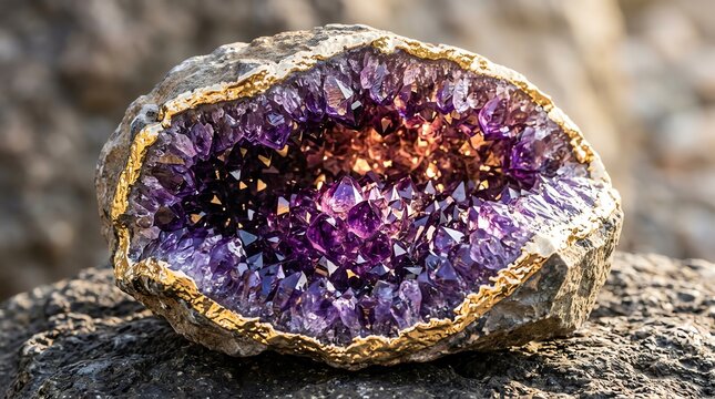 Purple amethyst geode resting on dark rock