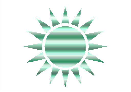 Minimalist Green Sun Vector Symbol - Abstract Geometric Pattern with Parallel Line Rays on White Background, Eco Friendly Solar Power Logo, Clean Ecological Concept and Sustainable Energy Design.