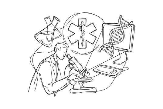 Continuous line drawing of a scientist performing medical research