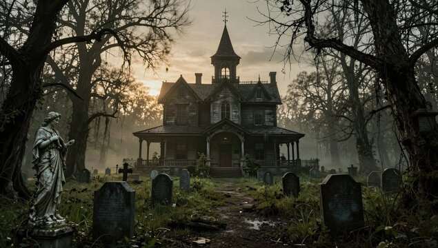 Spooky Abandoned Victorian Mansion Located Within a Foggy Graveyard at Sunset, Eerie Haunted House with Old Gravestones and Gnarled Trees in a Dark Atmospheric Mystery Setting