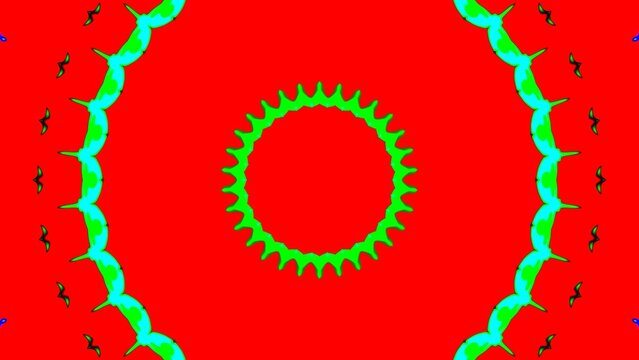 Vibrant red background with bold green gear-like center background