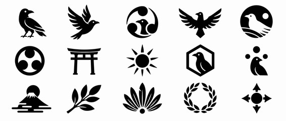 Obraz premium Mythical bird and symbol icons. Ancient bird, celestial, and nature symbols. Raven, phoenix, yin-yang, sun, moon, leaf, laurel, torii gate, starburst, arrowhead. Minimalist line art for tattoos,.