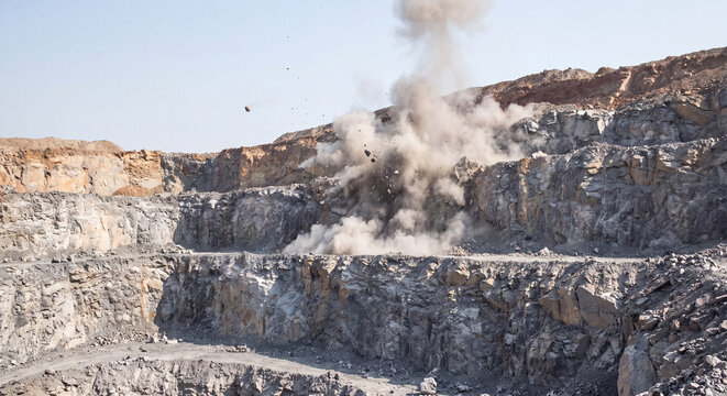 A powerful industrial rock blasting explosion creating a huge plume of dust and smoke inside an active open pit limestone quarry under daylight
