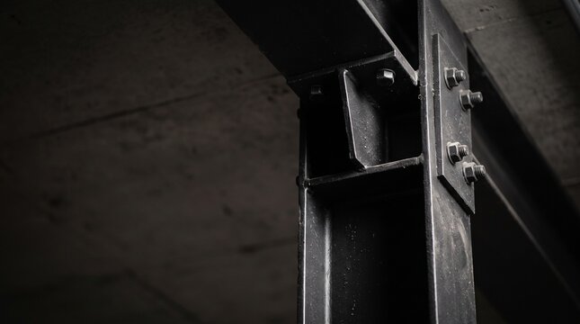 Close up view of industrial steel beam structural joint with bolted connection in modern construction site setting featuring dark matte metal texture and moody low key architectural lighting